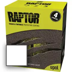 Raptor Bedliner er kanskje markedets mest kjente bedliner - altså plan-beskyttelse på norsk.<br><br>Dette er 2-komponent ekstremt kraftig maling som både kan rulles og sprayes på. Denne flasken påføres enklest ved å bruke en sprøyte-pistol som monteres på skruåpningen. Dersom du skal lakkere over Raptor Bedliner må dette gjøres vått i vått.<br><br><strong>Påføringstips: </strong>Avstand til overflaten avgjøres av trykket i kompressoren, med avstanden justerer du glans og struktur. Prøv deg frem på et sted som ikke er synlig. Raptor Bedliner kan tynnes med universal tynner (maks 20%) til bruk i vanlig lakksprøyte for finere strukur.<br><br><strong>Dosering: </strong>Ett 4-liters kit er beregnet til å dekke 12 kvm. (eks. et pick-up plan) NB! Bruk doseringsbeger for rett mengde herder til alle flaskene.<br><br><strong>Farge:</strong> HVIT